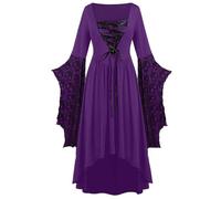 Robe médiévale pour femme - Vampire - Robe de Renaissance pour femme - Manches chauve-souris - Robe de sorcière irrégulière avec lacets - Sexy à volants - Mini robe plissée - Pour Halloween et