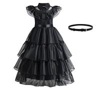 Robe Mercredi Addams pour femme - Costume de cosplay, Filles Mercredi Costume Perruque Avec Frange (Noir, XS)