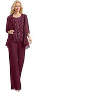 Robe Mere De La Mariee Ensemble 3 pièces en mousseline de soie for mère la mariée, pantalon et appliques dentelle, tenue habillée for femme avec veste(Light Pink,8)