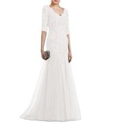 Robe Mere De La Mariee Robe de mère la mariée élégante coupe trapèze, robe soirée, col en V, manches mi-longues, volants, appliques(White,14)