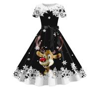 Robe Mère Noël Femme Bonhomme de Neige Robe Soirée Noel Manche Longue Robes Pull A-Line à Col Rond Casual Robes Automne et Hiver Dress for Christmas Party Costume Déguisement Mere Noel (3-Black, M)