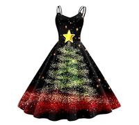 Robe Mère Noël Femme Imprimé Cerfs et Flocons de Neige Robe de Soiree Noel Vintage Rétro Année 50s pin-up Rockabilly Swing à Pois Robes de Soirée Chic Déguisement Mère Noel (1-Green, S)