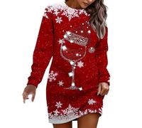 Robe Mère Noël Femme Rigolo Imprimé Hiver Robe Motif Noel Imprimée à Manches Longues Cocktail Swing Cosplay Hepburn Robes Dress for Christmas Party Deguisement Noel Adulte (B-Red, XXL)