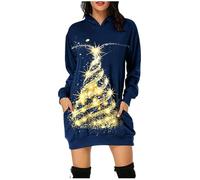 Robe Mère Noël Femme Rudolph Renne Elfe Robe Noel Coton Robes Sweat Long à Capuche Hiver Longue Pull avec Poche Robes Casual Dress for Christmas Party Déguisements de Pere Noel (a-Dark Blue, XXL)