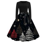 Robe Mere Noel Femme Sexy, Robe De Cocktail Femme, Costume À 3D Imprimé Manche Longue Robes Au Genou Décontractée Robes Vintage Rockabilly Classique Elegant Swing Jupe Hepburn Rétro Grande Taille