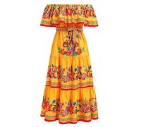 Robe Mexicaine d'été à imprimé Floral Traditionnel Ethnique à épaules dénudées pour la Plage, Les Vacances, Les fêtes, Jaune, Taille XL