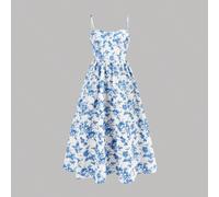 Robe mi-longue à bretelles fines avec motif floral bleu et blanc pour préadolescentes, convient pour la Saint-Valentin, les vacances, les jours fériés, le style vintage, la plage, , élégante et mignon