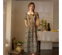 Robe mi-longue à col de poupée, style rétro, imprimé intégral, style de collision de dentelle, style de villégiature, style automnal pour femme, élégant et de tempérament rétro L,M,S,XL,XSBlocs de cou