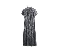 Superdry Robe mi-longue Mandarin, col Mao, sequins, manches courtes, Gris M Femme