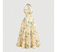 Robe mi-longue à col ras-du-cou avec imprimé floral romantique pour femmes, idéale pour la Saint-Valentin, le printemps, les brunchs, les thés, les vacances à la plage, les robes fleuries et les robes