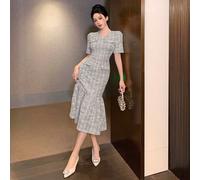 Robe mi-longue à col rond et queue de poisson à carreaux, robe de bal élégante, volantée, vêtements de rentrée scolaire L,M,S,XLCarreau,Unicolore,RayéTissu tricoté