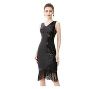 Robe Mi-longue À Franges Et Sequins For Femme, Taille Haute, Col En V, Idéale For Une Fête D'anniversaire, Un Cocktail Ou Un Bal De Promo, Avec Ourlet À Pampilles, Élégante(Black,L)