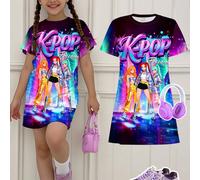 Robe mi-longue à manches courtes pour filles préadolescentes, imprimé de groupe de filles de dessin animé de superstars K-Pop colorées et cool, convenant pour l'été et la rentrée scolaire 7Y,8Y,9Y,10Y