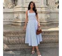 Robe mi-longue à rayures bleu clair, élégante, style français, col carré. Robe d'été rétro à rayures, idéale pour une pause gourmande ou une croisière. L,M,S,XL,XS,XXSUnicoloreTissu tissé