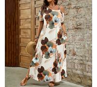 Robe mi-longue ample et élégante pour les grandes tailles, avec imprimé tropical bohème, accent métallique mode minimaliste, épaule asymétrique et stretch, pour l'été 0XL,1XL,2XL,3XL,4XLTropical,Plant