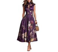 Robe Mi-Longue Asiatique Satin à Fleurs Col Mao sans Manches Jupe Plissée Évasée Cocktail Mariage L Dark Purple