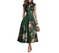 Robe Mi-Longue Asiatique Satin à Fleurs Col Mao sans Manches Jupe Plissée Évasée Cocktail Mariage XL Green