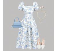 Robe mi-longue asymétrique à fleurs bleues pour adolescentes, élégante et décontractée, convenant pour la rentrée scolaire, les rassemblements, les mariages, les demoiselles d'honneur, les bals de pro
