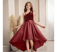 Robe mi-longue asymétrique à une épaule avec découpe et ourlet à volants, ornée de sequins. Convient pour les demoiselles d'honneur et les grandes filles. Idéale pour les mariages, galas, anniversaire