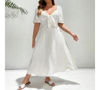 Robe mi-longue blanche à encolure carrée, bretelles et manches courtes, confortable et élégante, pour les grandes tailles. Tenues de vacances, de mariage, de croisière, de brunch, de garden party pour