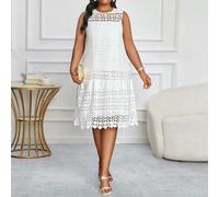 Robe mi-longue de style bohème décontractée de bureau élégante pour le printemps et l'été. Col en forme de cuillère, dentelle contrastée, taille A, sans manches, convient aux grandes tailles. 0XL,1XL,
