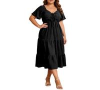 Robe mi-longue décontractée pour femme à col V manches courtes coupe ample fluide quotidien et vacances printemps automne élégante légère confortable féminine moderne raffinée (Black, XXXXL)