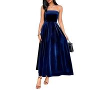 Robe Mi Longue Élégante À Épaules Dénudées pour Femme, Tenue De Soirée Vintage, Coupe Trapèze, Collection Automne Hiver(Navy Blue,L)