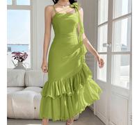 Robe mi-longue élégante à volants avec décor floral 3D de couleur unie pour femmes L,M,S,XL,XS,XXL,XXS,XXXL,XXXXLUnicoloreMousseline