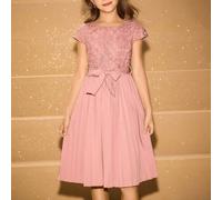 Robe mi-longue élégante et luxueuse à col rond avec nœud pour jeunes filles, rose. Convient pour les vacances, les soirées, les mariages, les demoiselles d'honneur, les anniversaires, les remises de d