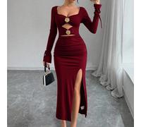 Robe mi-longue élégante pour femmes avec fleurs 3D ajourées et plissées, fendue et nouée dans le dos. Style sexy mais décontracté Y2K, convient pour le printemps et l'automne L,M,S,XL,XSUnicoloreTissu