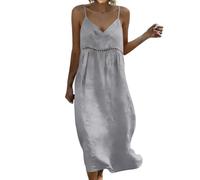 Robe Mi-Longue en Coton Lin Col V à Fines Bretelles sans Manches Coupe Ample, Robe d'Été Texturée pour Camisole idéale Lors de Vos Sorties et escapades Estivales(Light Ashy, XXL)