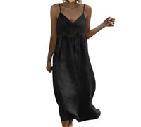 Robe Mi-Longue en Coton Lin Col V à Fines Bretelles sans Manches Coupe Ample, Robe d'Été Texturée pour Camisole idéale Lors de Vos Sorties et escapades Estivales(Black, XXL)