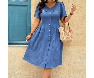 Robe mi-longue en jean bleu pour femmes grandes tailles, col V, manches courtes, boutons métalliques cousus à la main, style élégant pour les sorties et le travail 0XL,1XL,2XL,3XL,4XLUnicoloreTissu ti