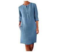 robe mi longue femme chic et elegant grande taille robe droite femme vintage coton lin manche longue robe tunique femme ete col rond avec boutonnée et poches robe casual femme (Light blue, XXL)