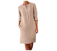 robe mi longue femme chic et elegant grande taille robe droite femme vintage coton lin manche longue robe tunique femme ete col rond avec boutonnée et poches robe casual femme vacances (Khaki, L)