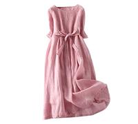 Robe Mi Longue Femme Cotton Linen - Grande Taille Manches 3/4 Couleur Pure Loose Dress à Col Rond Lacer Chic Et élégante DéContractée Légères Confort Régulière