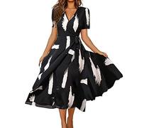 Robe Mi-Longue Femme Été Chic - Col en V, Manches Courtes, Imprimé Polka Dot, Élasticité Casual, Tunique Pin-Up, Soirée Élégante pour Ronde