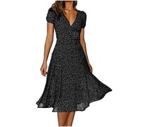Robe Mi-Longue Femme Été Imprimé Polka Dot Col en V Manches Courtes Élasticité Casual Tunique Pin-Up Soirée Chic Et Élégant Sous Le Genou pour Fête