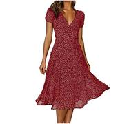Robe Mi-Longue Femme éTé Imprimé Polka Dot - Col en V, Manches Courtes, éLasticité Casual, Tunique Pin-Up, SoiréE Chic Et Elegant, Sous Le Genou, Pour FêTe