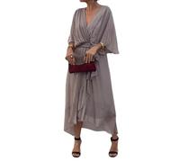 Robe mi-Longue Fluide en Mousseline de Soie à col en V Profond pour Femme, élégante Robes en Mousseline de Soie Unie, Sexy, Robe Longue plissée trapèze pour invité de Mariage (Grey,TG)