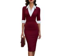 Robe mi-longue moulante à col en V pour femme, bordeaux, S