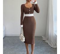 Robe mi-longue moulante ajustée à col nacré et boutons nacrés pour femme, tenue d'automne polyvalente, nouvelle collection automne L,M,S,XLBlocs de couleurTissu tricoté