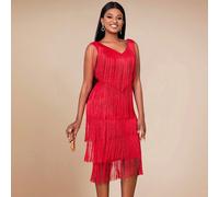 Robe mi-longue rouge à col V sexy sans manches avec franges pour femmes AOMEI, parfaite pour les mariages, les invités de mariage, les enterrements de vie de jeune fille, les vacances, les anniversair