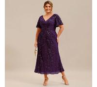 Robe mi-longue sirène à manches courtes et col en V avec sequins pour femmes grandes tailles, robe de soirée violette convenant pour un dîner formel, les vacances, les invités de mariage. Robe de soir