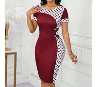 Robe mi-longue slim à manches courtes col rond imprimé pois pour femmes grandes tailles. Robes d'été élégantes pour femmes, robes de mariée invitée, robes élégantes d'anniversaire pour femmes grandes