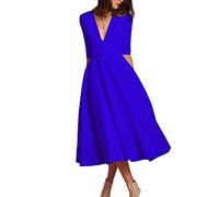 Robe Mi-Longue Vintage Col en V Demi Manche Robe de Demoiselle d'honneur pour Femmes Bleu XL