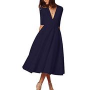 Robe Mi-Longue Vintage Col en V Demi Manche Robe de Demoiselle d'honneur pour Femmes Marine XL
