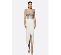 Robe midi à corset gris brodé et fente frontale - L
