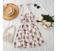 Robe midi à imprimé floral avec liens d'épaule, robe bohème dos nu pour dames, nœud, buste froncé sans manches, bretelles spaghetti, coupe régulière, courte robe noire à fleurs ditsy, printemps/été, t