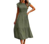 Robe midi à Manches Papillon pour Femme, Taille élastique, Smocks et Volants, Vert armée, Taille XL